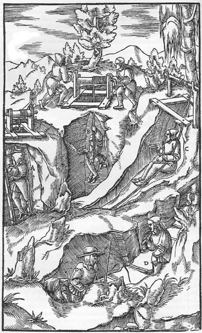 "Die verschiedenen Arten der Fahrung",1556, A: Ein Bergmann, der auf der Fahrt einfährt B: Einer, der auf dem Knebel sitzt C: Einer, der auf dem Leder einfährt D: Auf Stufen, die im Gestein hergestellt sind, Einfahrende (Quelle: Wikipedia, gemeinfrei)