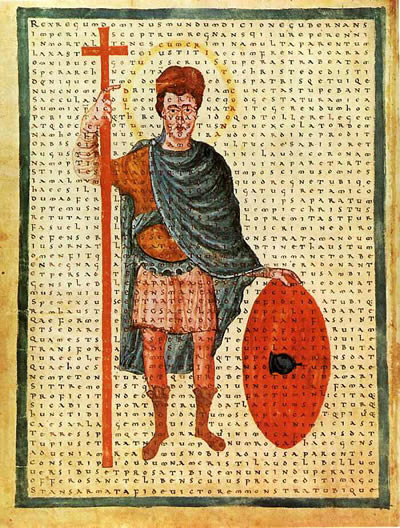 Idealisierte Darstellung Ludwigs I., des Frommen, als „miles Christi“ (Soldat Christi) um 831 in einem Figurengedicht des Rabanus Maurus, einem Exemplar von dessen Buch De laudibus sanctae crucis von 825/26 nachträglich vorgebunden; Rom, Biblioteca Apostolica Vaticana, Codex Vat. Reg. lat. 124, folio 4 verso (Quelle: Wikipedia, gemeinfrei)